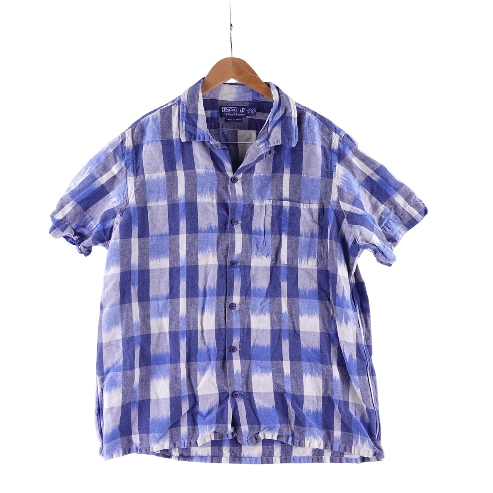 Polo Ralph Lauren Mens XL Classic Fit Indigo Linen Blend Shirt Blue Loop Collar